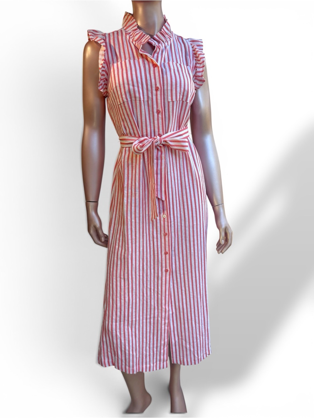 G BY GIULIANA shirt dress BLACK LABEL linen striped ruffle cap sleeve w belt XSP